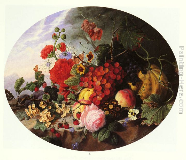 Still Life With Fruit and Flowers on a Rocky Ledge painting - Virginie de Sartorius Still Life With Fruit and Flowers on a Rocky Ledge art painting